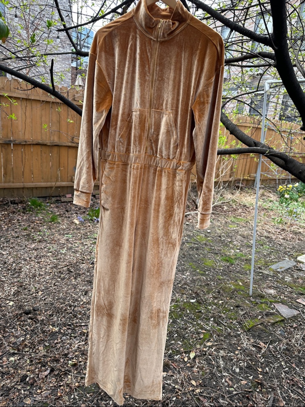 Fabletics Velvet Long Zip-Up Jumpsuit in Camel